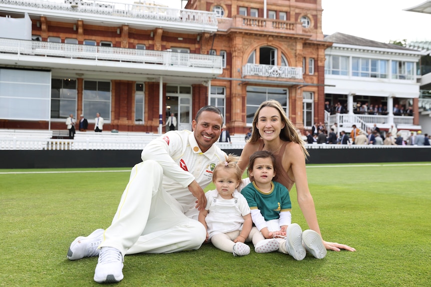 Usman Khawaja sits on the Lord's turf with wife Rachel and his two daughters