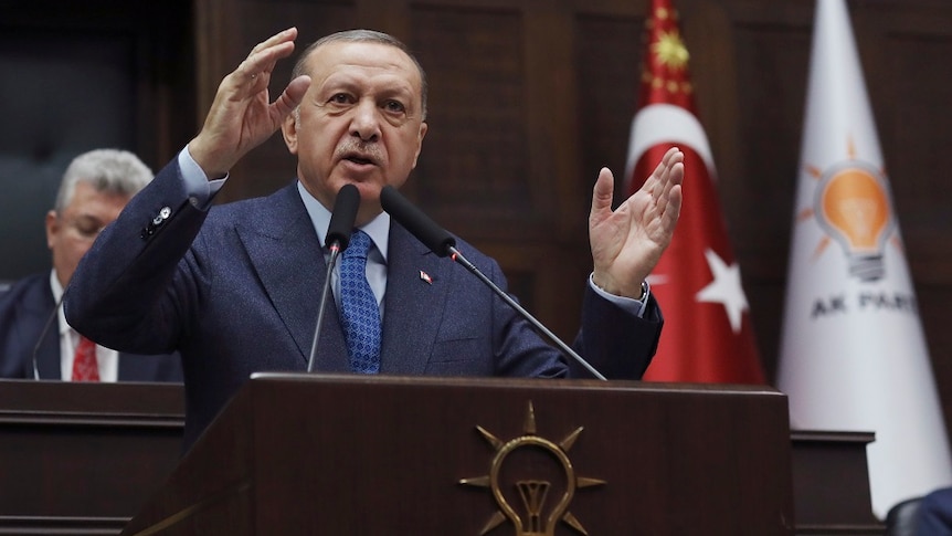Turkish President Recep Tayyip Erdogan giving a speech from a pedestrial.