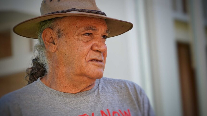 Vincent Forrester wears an Akubra and Treaty Now t-shirt.