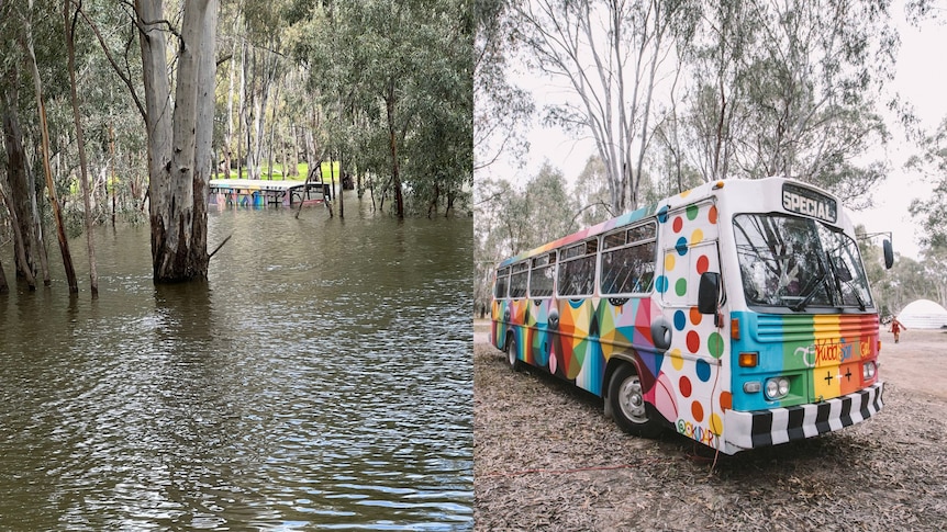 A split image featuring a colourful bus on dry land and the same bus inundated with flood waters