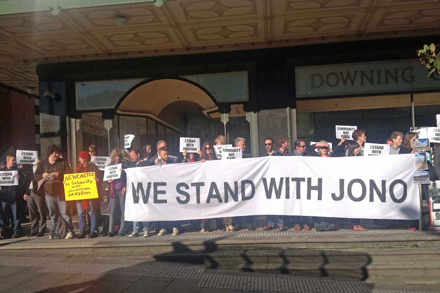 Supporters of anti mining activist Jonathan Moylan outside the Downing Centre Courts