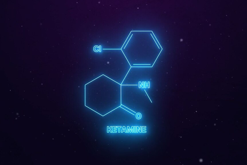 A bright neon image of the chemical make-up of ketamine.