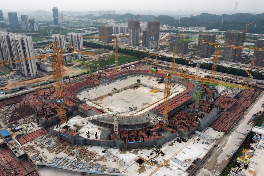Aerial view of stadium under construction. 