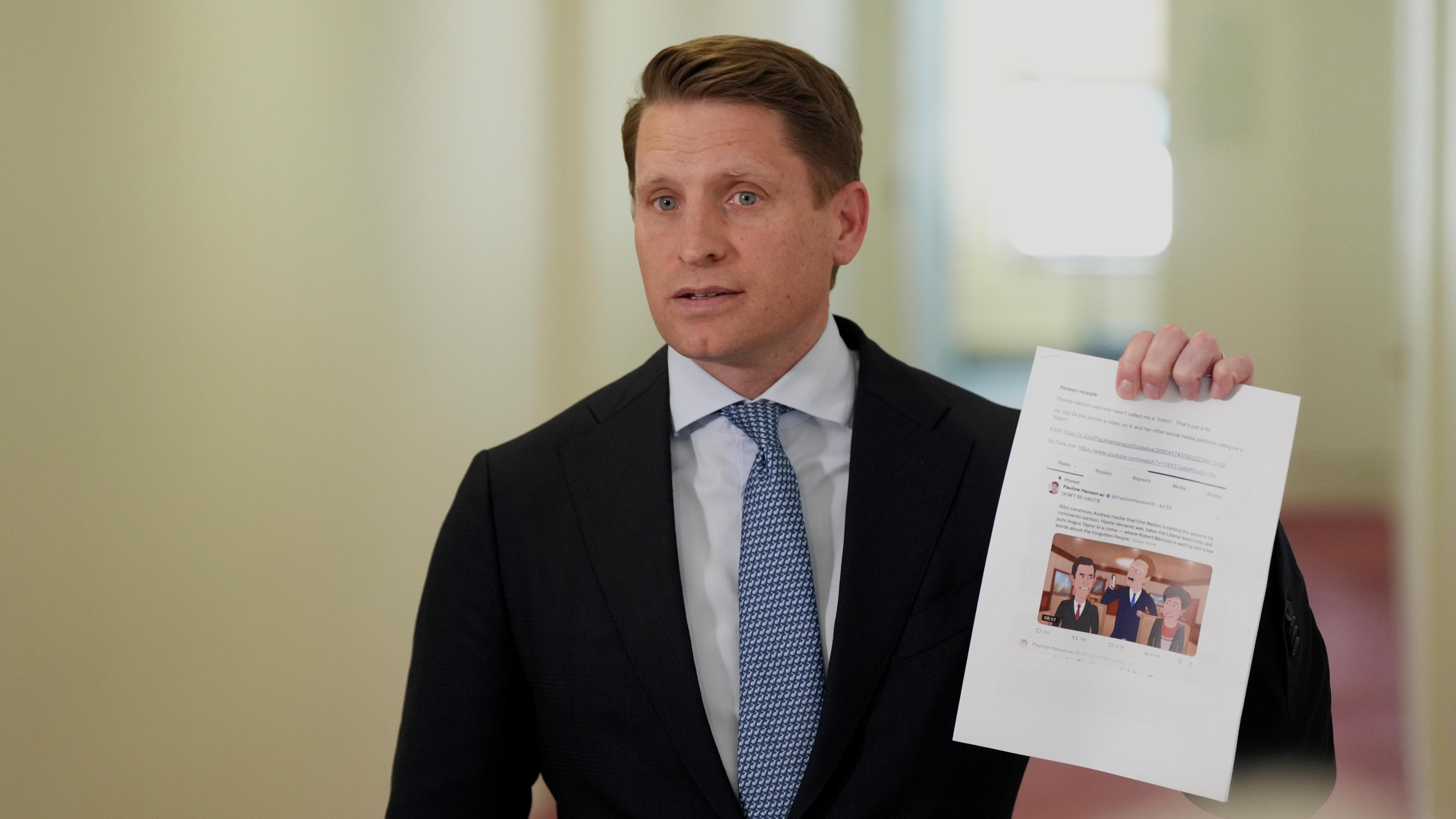 Live: Andrew Hastie calls Hanson, Joyce 'lying cowards' as spat with One Nation escalates