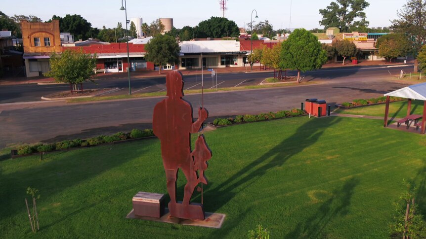An aerial shot of the Big Bogan on the main street of Nyngan, in outback New South Wales