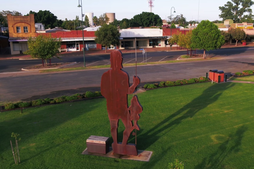 An aerial shot of the Big Bogan on the main street of Nyngan, in outback New South Wales