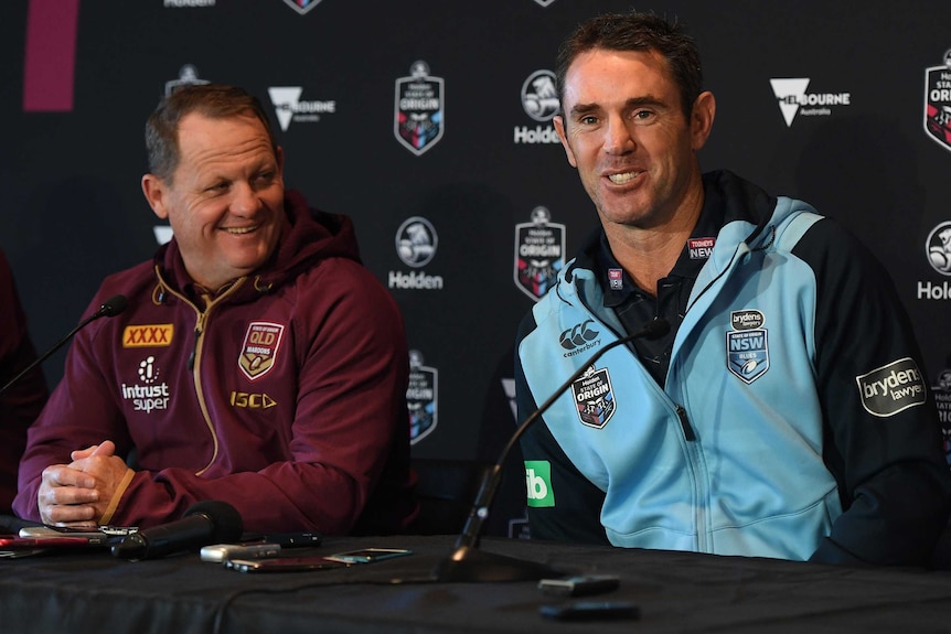 Kevin Walters and Brad Fittler at a pre-State of Origin I media conference in Melbourne.
