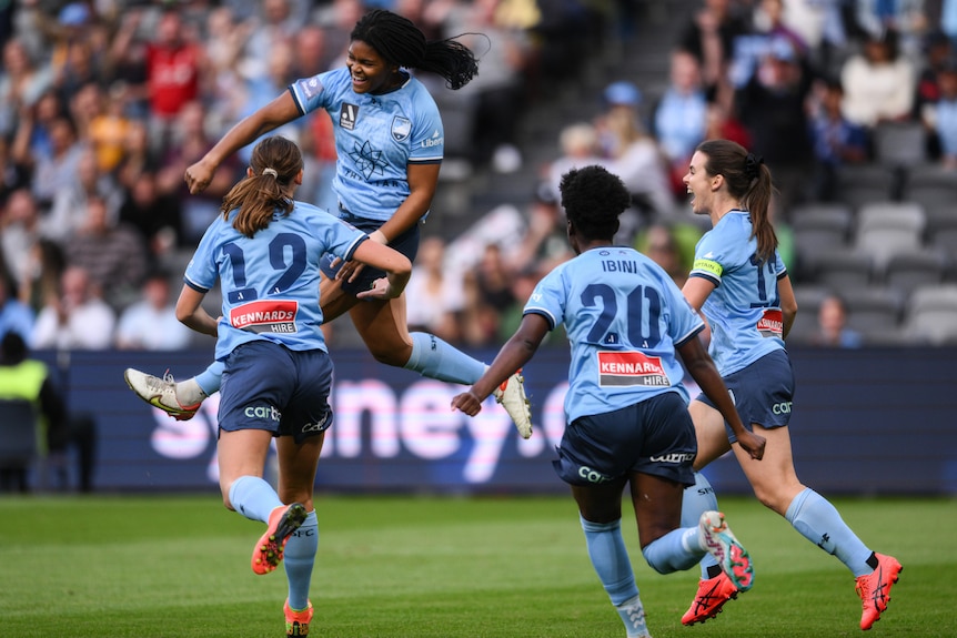 Sydney FC A-League Women players celebrate a goal in the grand final against Western United.