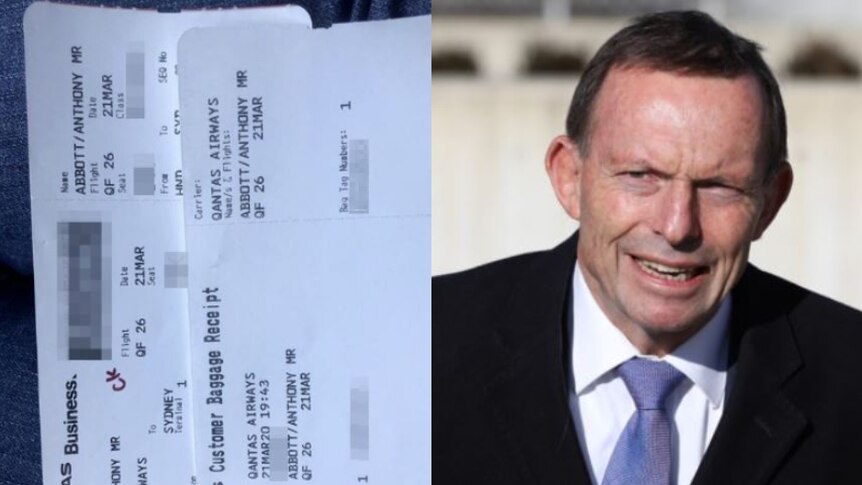A composite image of boarding passes and Tony Abbott.