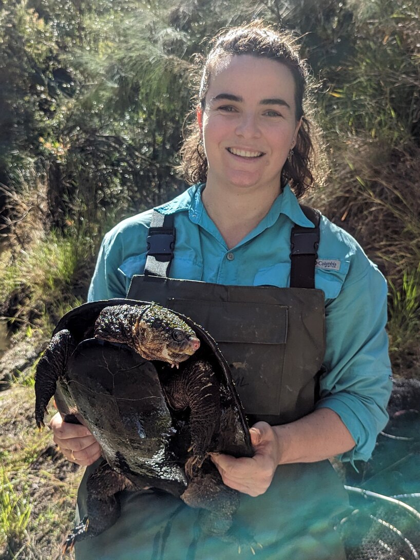 A young woman in a blue shirt holding a large turtle covered with bits of moss.