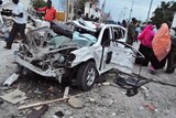 Al Shebaab insurgents detonate a huge car bomb at a heavily guarded hotel in Mogadishu
