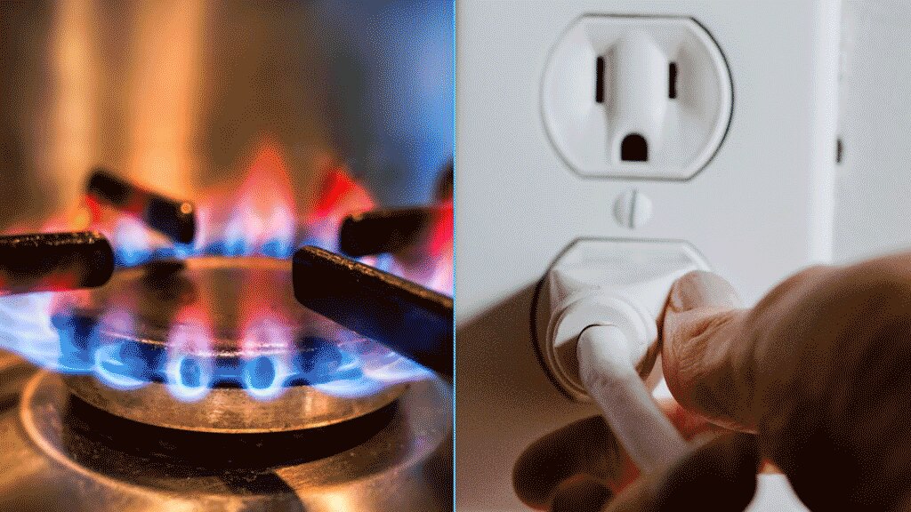 A composit image of a gas stove and a power plug 