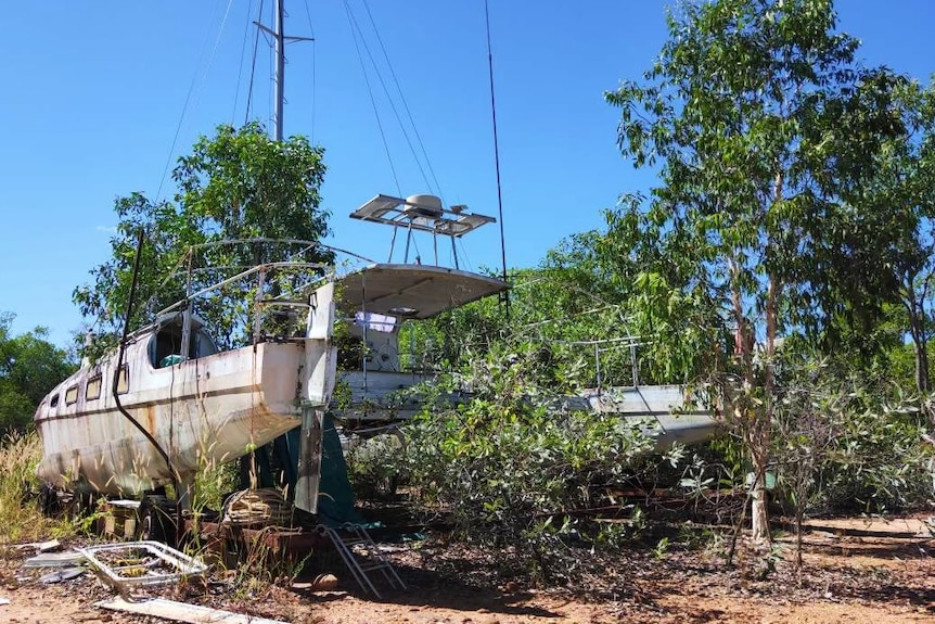 Old, large white catamaran sits on sand and is overgrown with vegetation