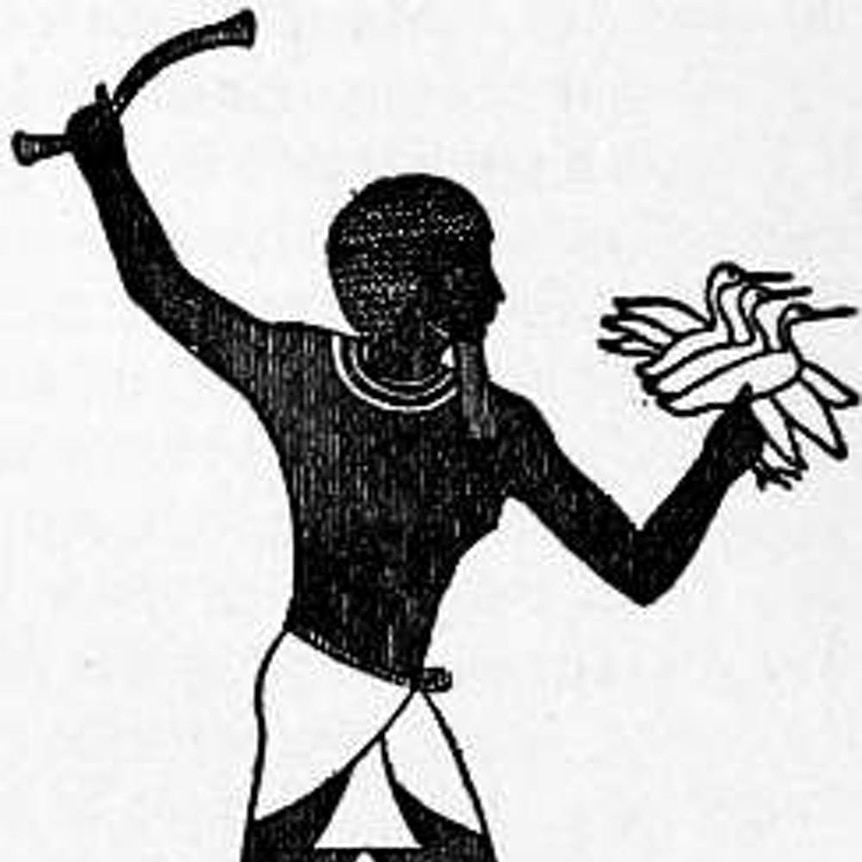An Egyptian figure in loincloth holding birds