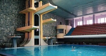 Colour photograph of the a diving pool stadium inside the Changgwang Health and Recreation Complex in Pyongyang