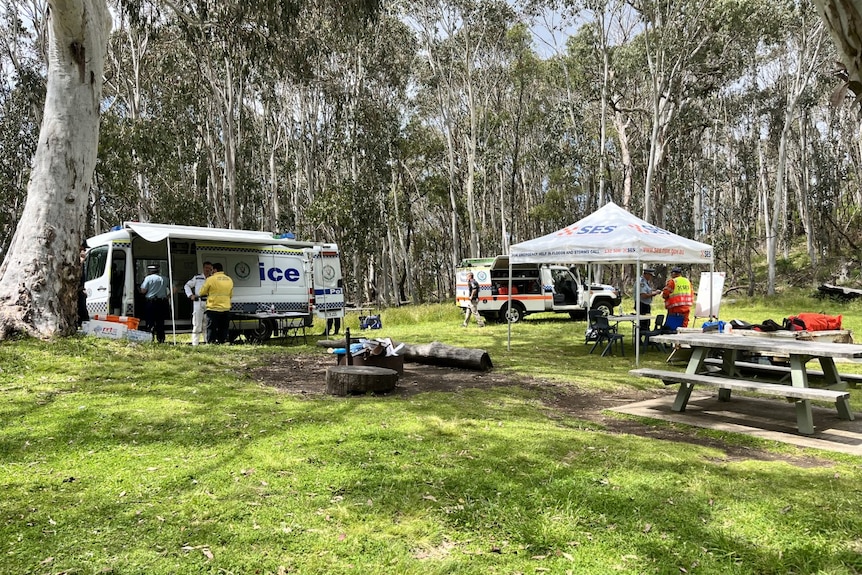 An emergency command post in bushland.