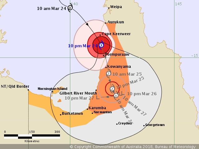 Tropical Cyclone Nora crosses the western coast of the Cape York Peninsula.