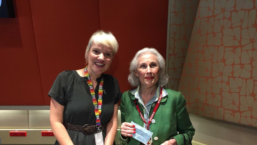 Jacinta Parsons and Lady Primrose Potter standing in the ABC Radio Melbourne studio