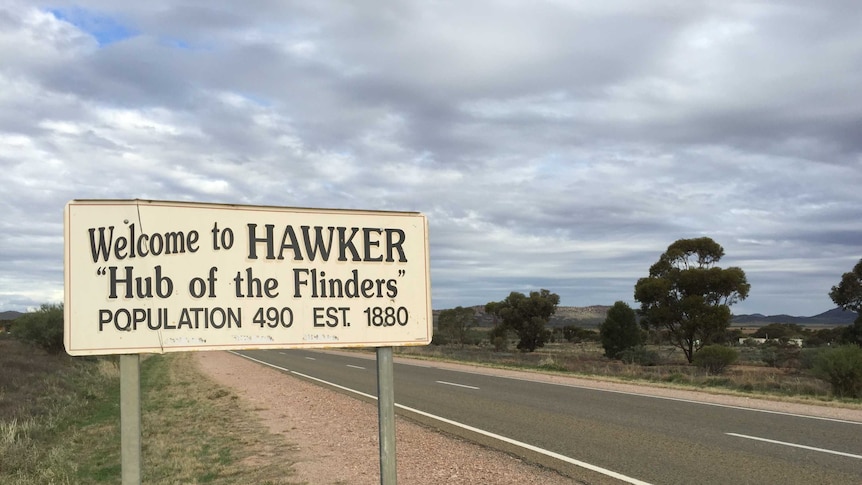 A sign welcomes vistiors to the Flinders Ranges town of Hawker.