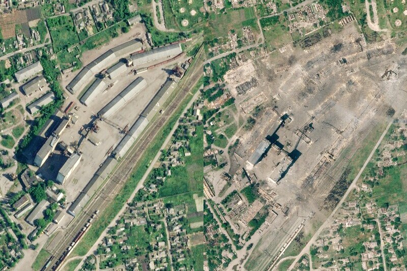 A composite of two satellite images, on the left buildings are pictured from above, on the right the builders are gone.
