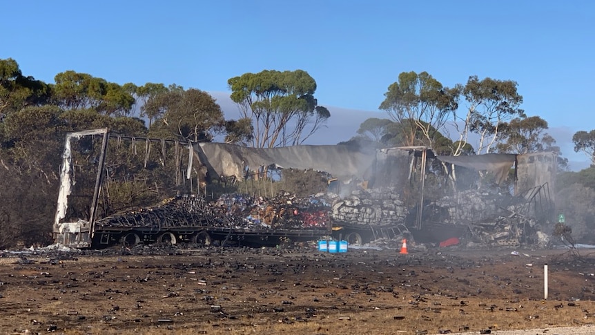 The wreckage of a truck which caught fire on the South Eastern Freeway.