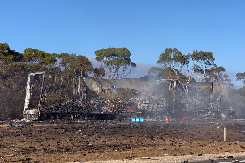 The wreckage of a truck which caught fire on the South Eastern Freeway.