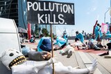 protestors dressed as health workers, prominent sign says "pollution kills"