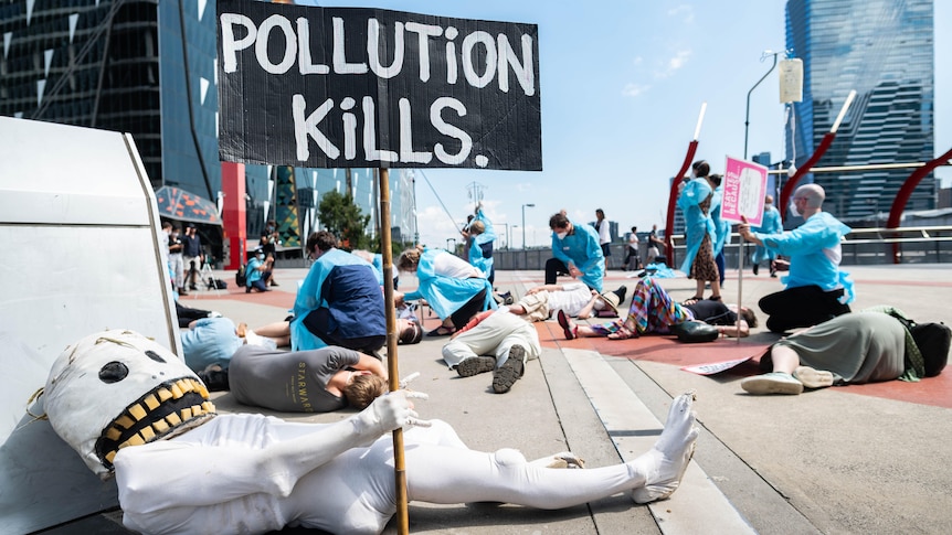 protestors dressed as health workers, prominent sign says "pollution kills"