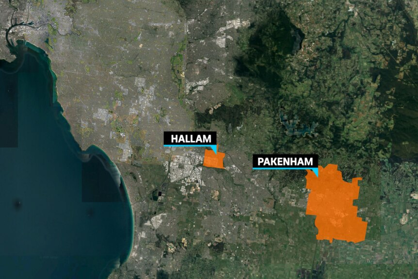A map showing Hallam and Pakenham highlighted in orange.