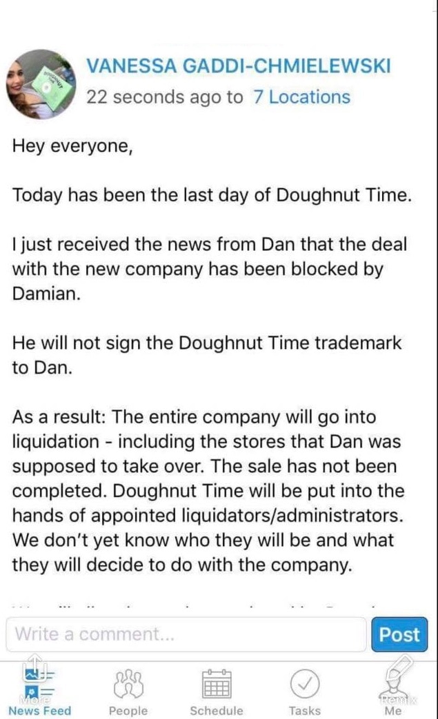 Part 1: Email from Doughnut Time state manager informing staff about liquidation