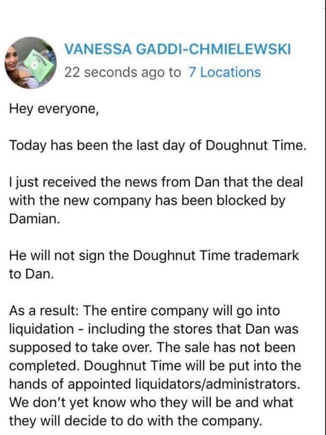 Part 1: Email from Doughnut Time state manager informing staff about liquidation