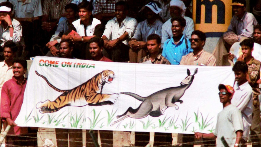 Indian fans in Chennai display a banner showing an Indian tiger chasing an Australian kangaroo.