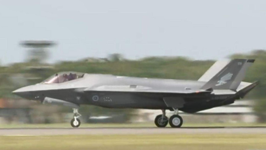 A F-35A Joint Strike Fighter touches down at its new home base at Williamtown, north of Newcastle in New South Wales.