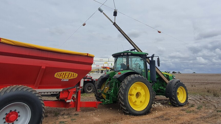 A tractor after hitting an electricity pole on a farm in South Australia.