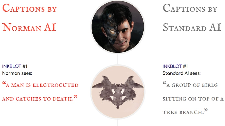 A diagram showing the response of Norman AI and Standard AI to Rorschach tests ft. a cartoon image of Psycho's Norman Bates 