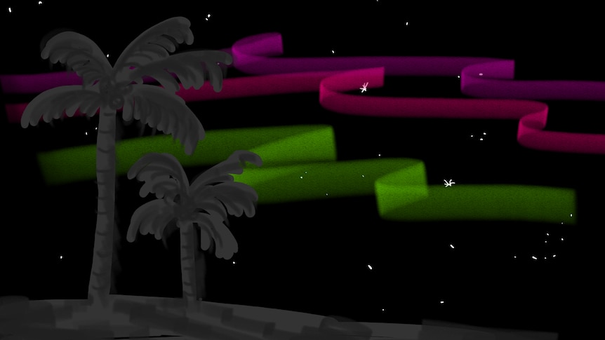 diagram of the sum spewing gas at the earth. very dramatic bright colours on a black star filled backdrop.