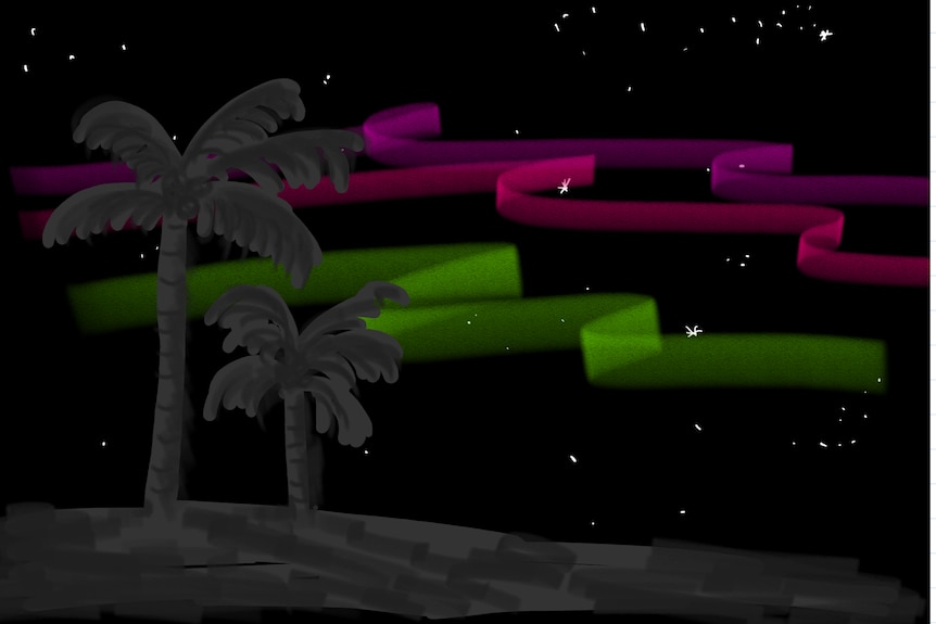 diagram of the sum spewing gas at the earth. very dramatic bright colours on a black star filled backdrop.