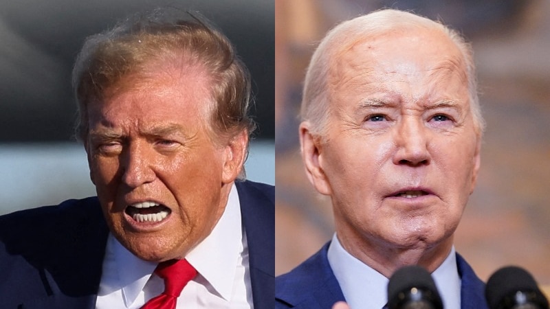 Headshots of Donald Trump and Joe Biden speaking