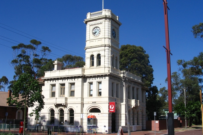 The Guilford Post Office building in Western Austaralia comprises of large white towers.