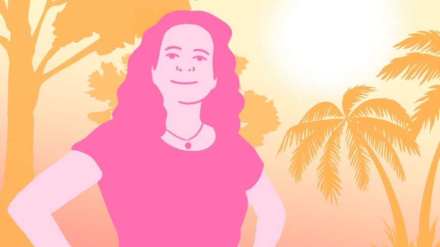 Orange and pink illustration of a woman smiling with hands on hips in front of a background of trees, palms and the sun.