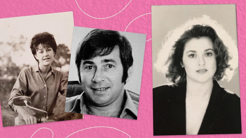 Black-and-white images on a pink background of Jo's birth mum (left), Jo's birth father, and Jo as a young adult.
