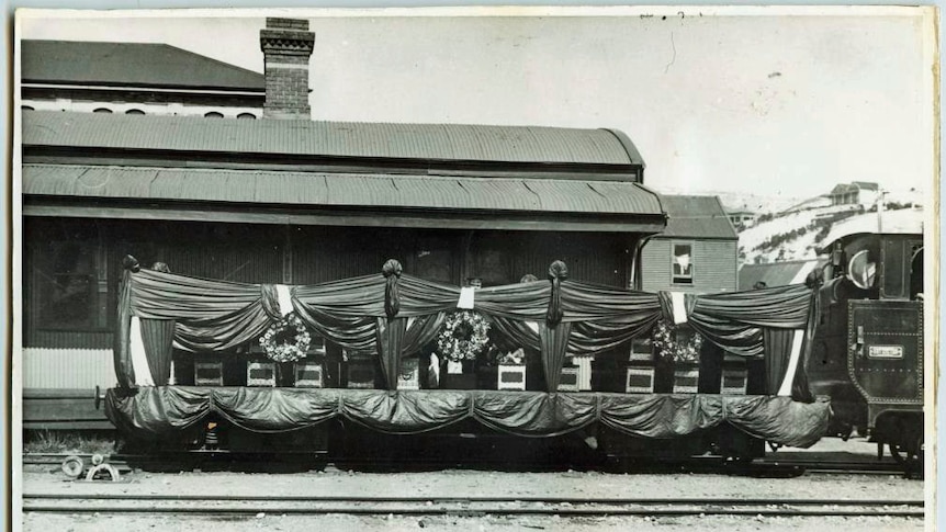 A funeral train carries the bodies of miners killed in 1912 in the Mount Lyell disaster.