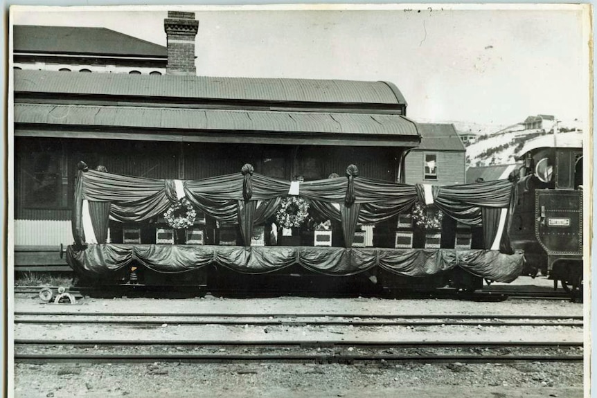 A funeral train carries the bodies of miners killed in 1912 in the Mount Lyell disaster.