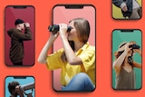 Gallery of images of people on phones using binoculars to depict getting what you want from dating apps without overinvesting.