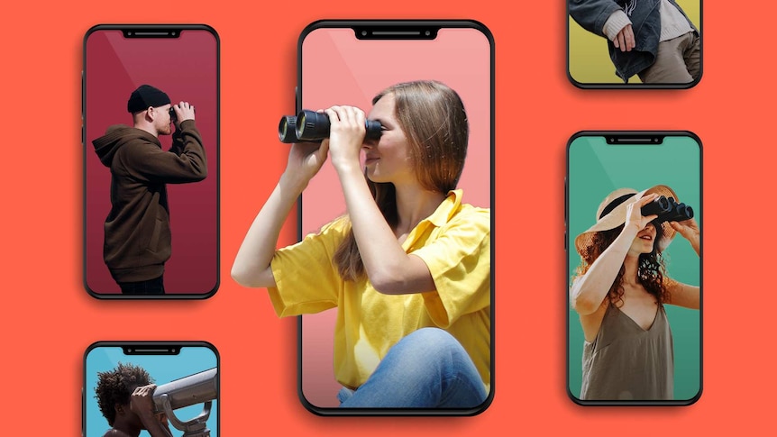 Gallery of images of people on phones using binoculars to depict getting what you want from dating apps without overinvesting.