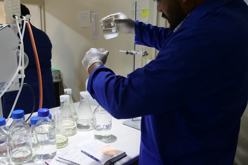A scientist transfers liquid from one vial to another. 