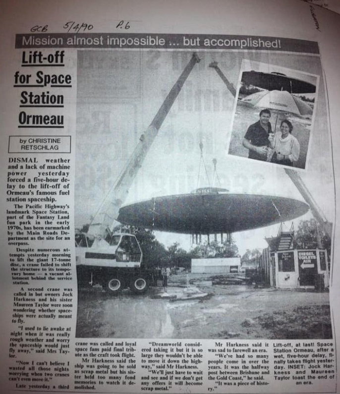 old newspaper clipping about UFO service station