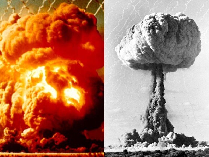 One color and one black-and-white image of nuclear explosions at an outback location.
