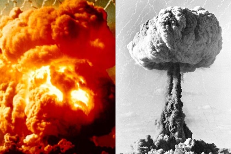 One color and one black-and-white image of nuclear explosions at an outback location.