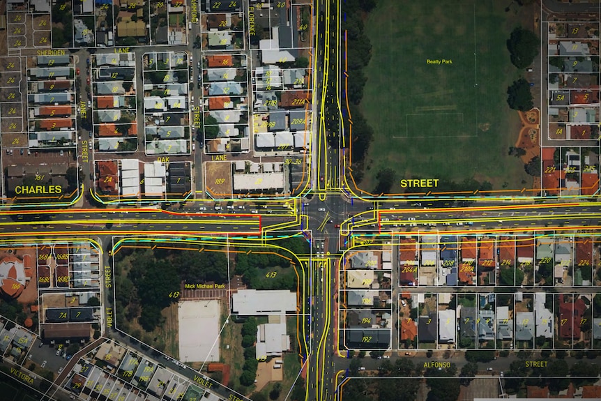 A map showing yellow road drawings on an aerial image